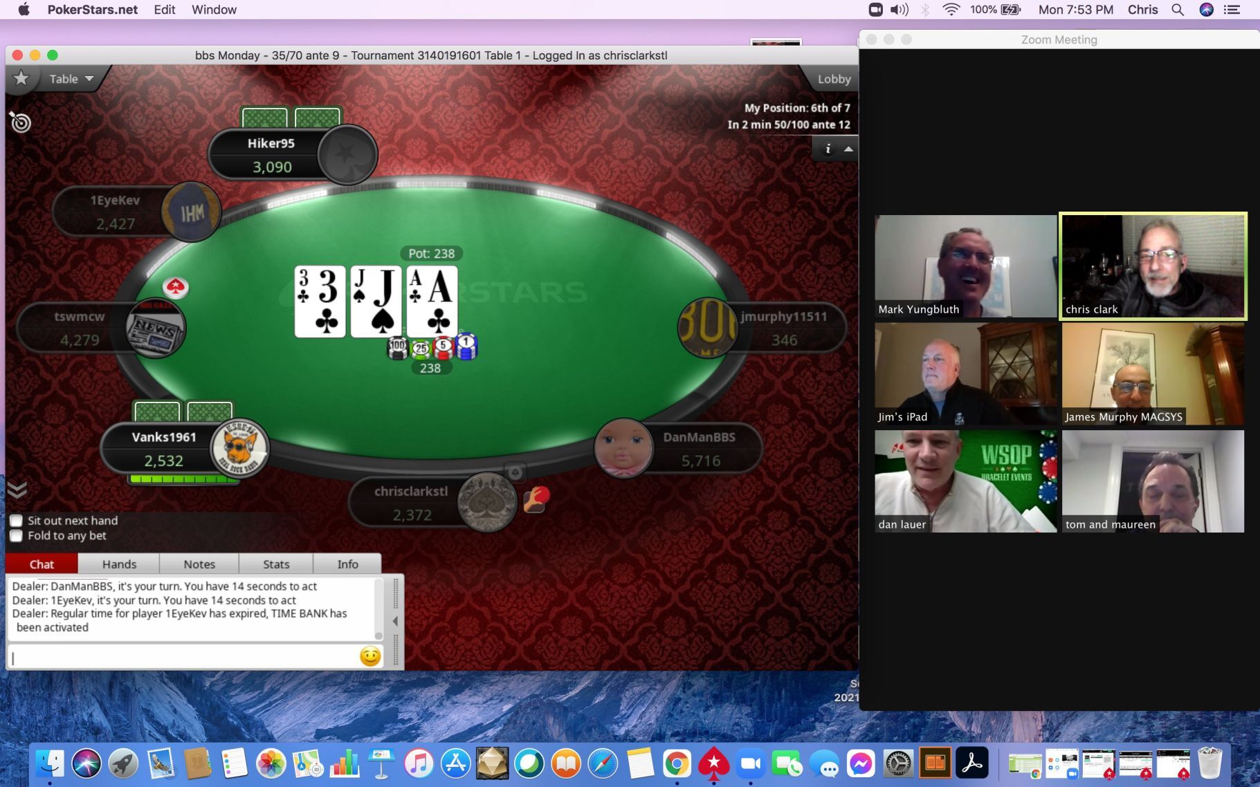 Screen shot of recent (non-league play) action for the Anonymous Poker Club